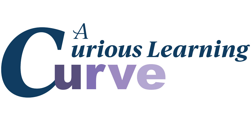 "A curious learning curve" text in cursive writing.