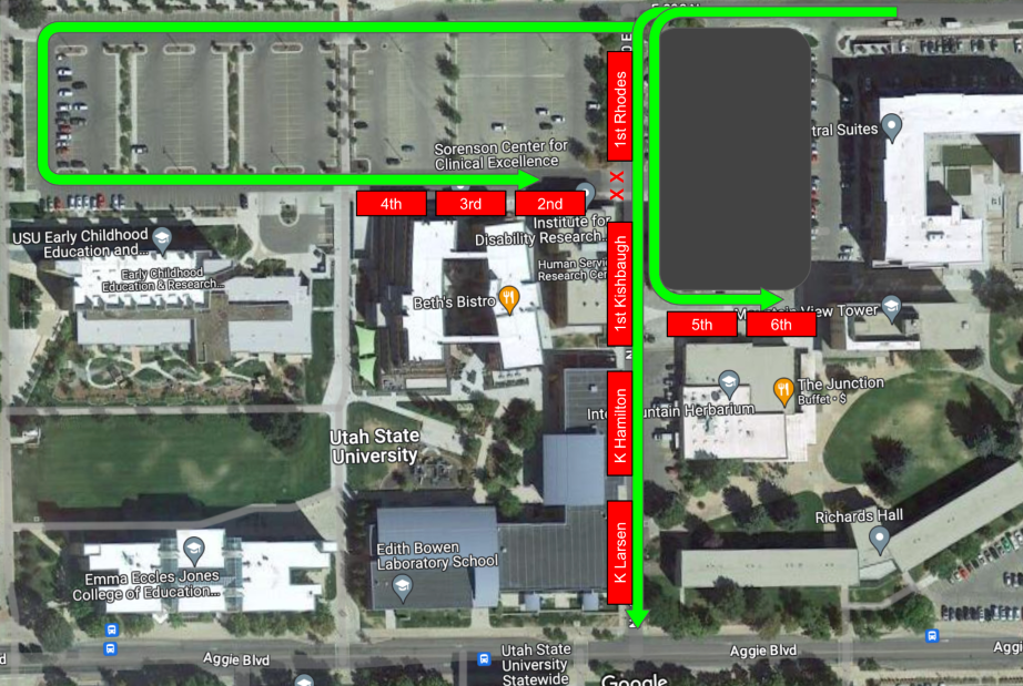 Enter from 850 E Cemetery Road. K-1 pick-up in alley, 2-4 pick-up in lot by Sorenson Center, 5-6 pick-up in lot by The Junction.