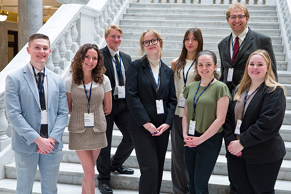 Front row, left to right: Jared Vance, Sophia Baumann, Eva Jones, Jacey Hopkin, and Emily Kuehnl. Back row, left to right: Kenzie Wachtel, Hannah Jensen, and Tyler Hansen. (Photo credit: Levi Sim, USU)