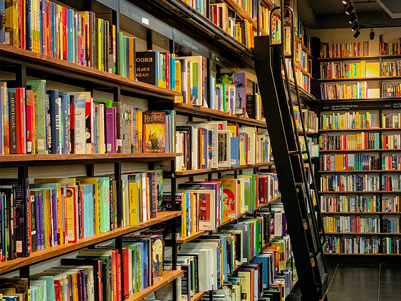 school library with ladder leaning against shelf