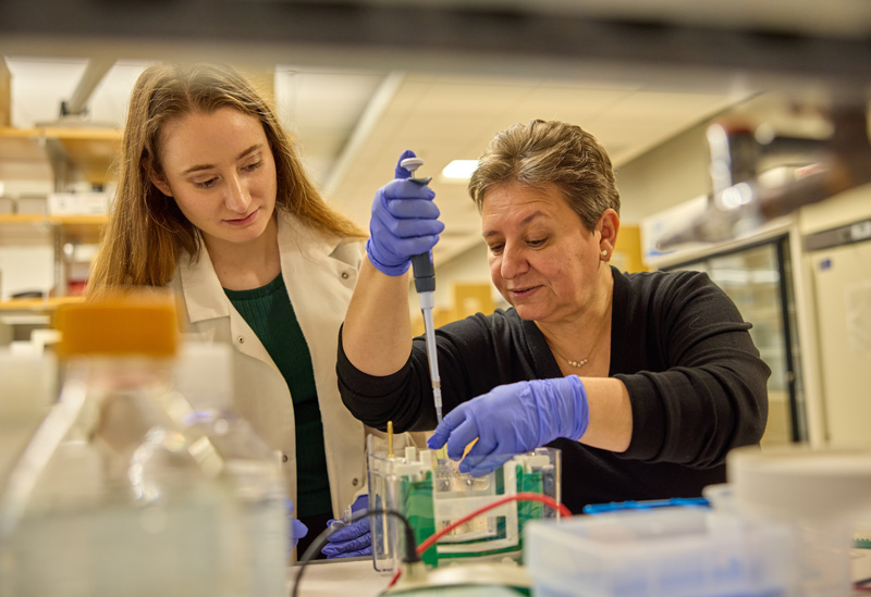 Two ladies conducting an experiment in lab.