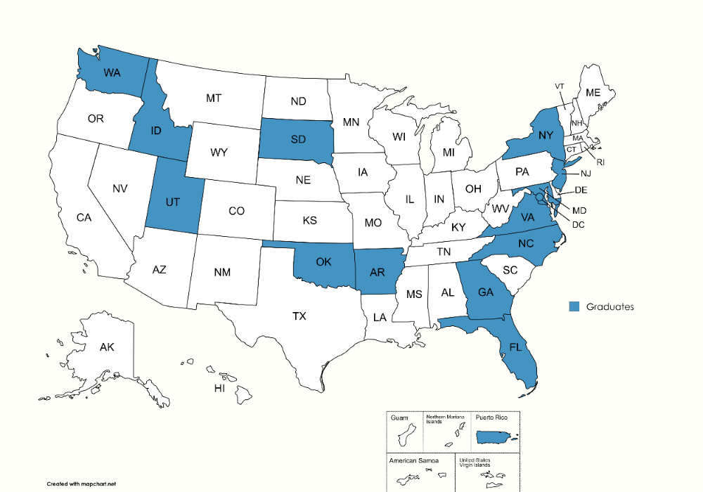 Image shows the US states with graduates: Washington, Idaho, Utah, South Dakota, Oklahoma, Arkansas, New York, New Jersey, DC, Maryland, Virginia, North Carolina, Georgia, Florida