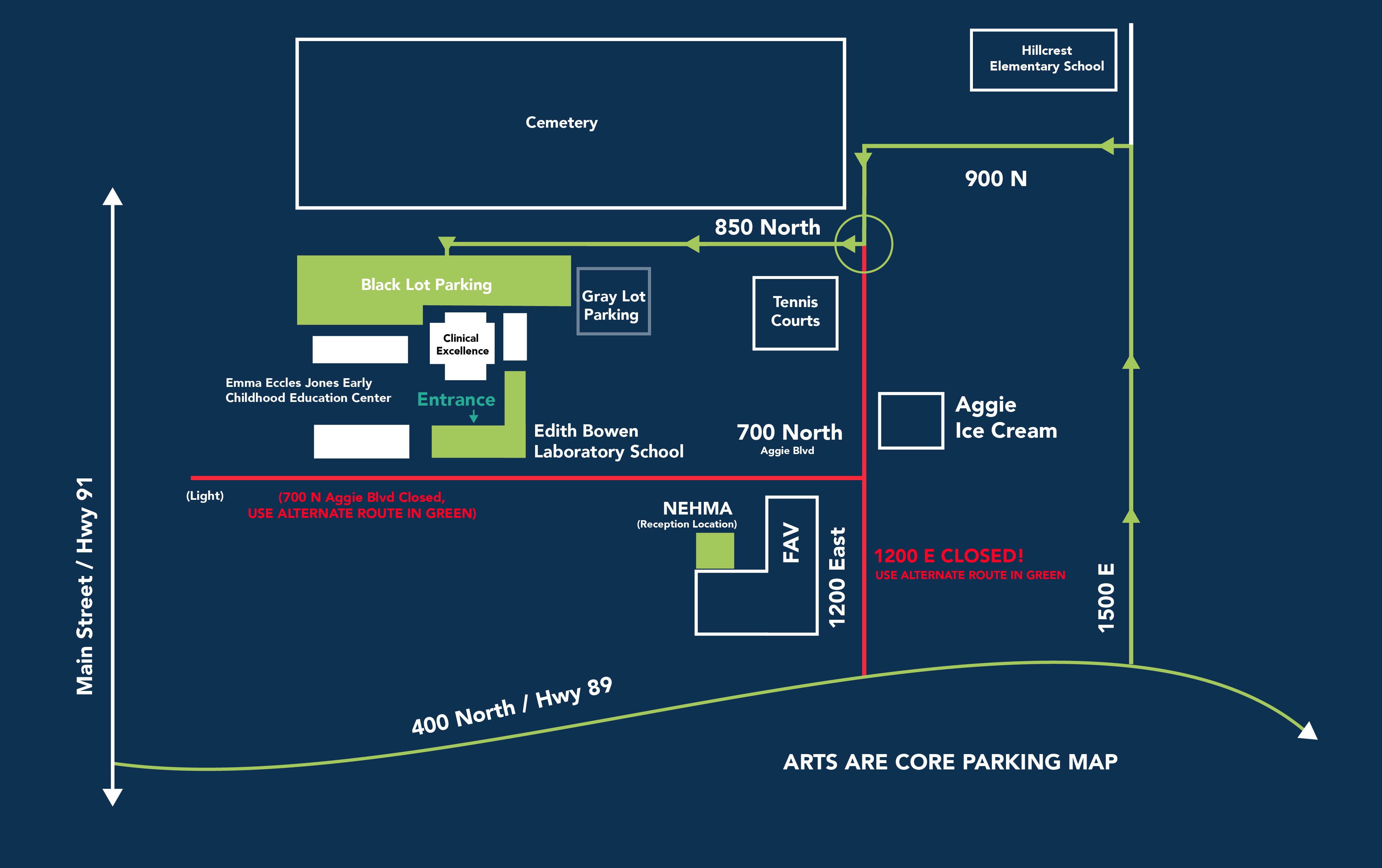 This map shows attendees where to park for the conference, showing directions to drive north along 1500 E, turn left onto 900 N, turn left onto 1200, exit right at the traffic circle and drive straight to the parking lot