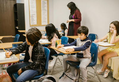 Students interacting with each other.